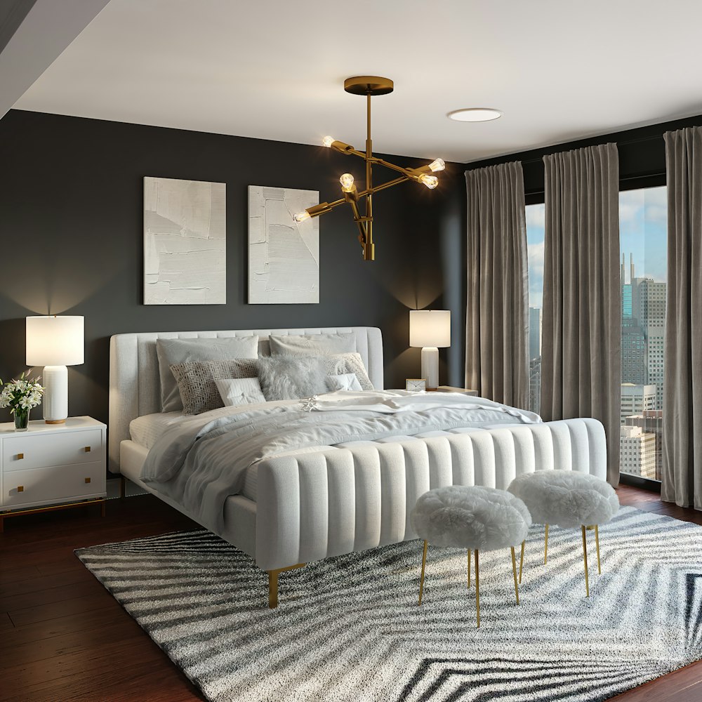 Dormitório planejado com cama, cabeceira estofada e guarda-roupa sob medida